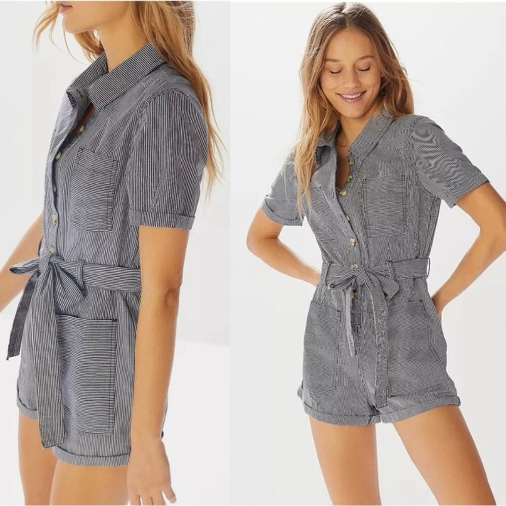 Urban Outfitters Carmen Black and White Conductor Striped Romper, Size Large